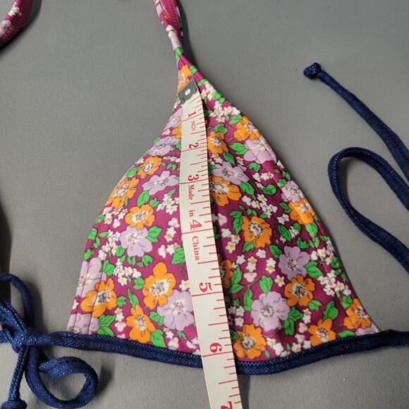 Agua Doce Brazilian Cheeky Bikini Swimsuit Womens M Triangle Top Floral Denim - Picture 8 of 16